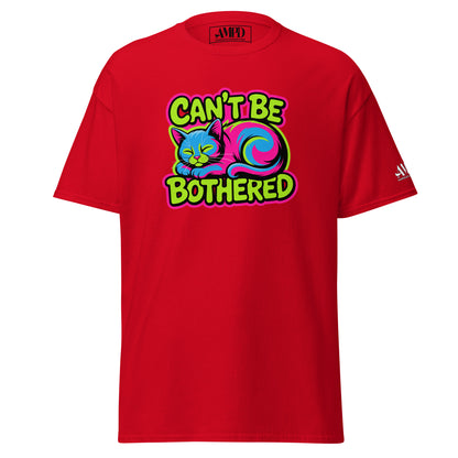 Cant Be Bothered Kitty Cat Colorful Graffiti Style Pink, Green and Blue T-Shirt on a Red Background