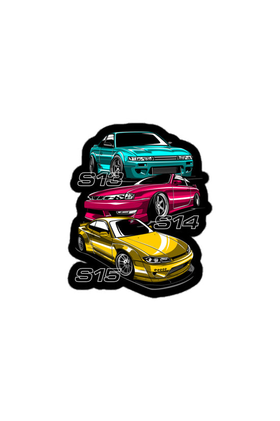 Amp'd Up Custom S13, S14, S15 sticker featuring colorful car designs on a black background