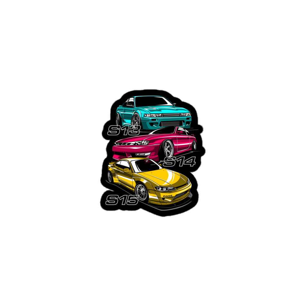 Amp'd Up Custom S13, S14, S15 sticker featuring colorful car designs on a black background