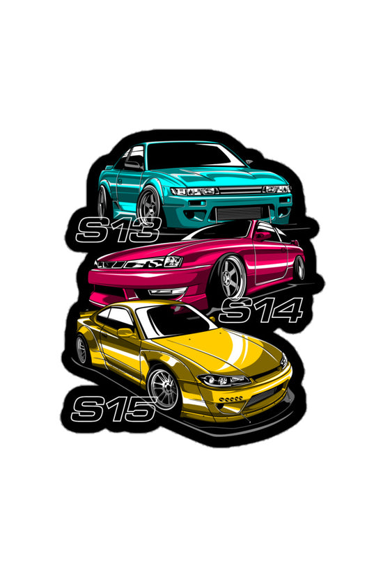 Colorful S13, S14, S15 sticker featuring sporty car designs for automotive enthusiasts