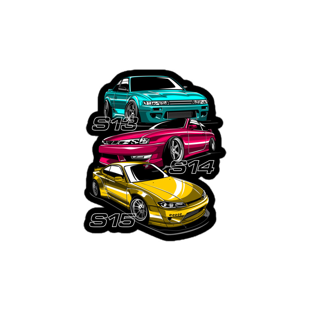Colorful S13, S14, S15 sticker featuring sporty car designs for automotive enthusiasts