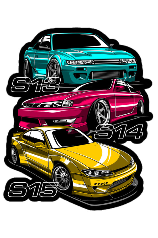 Vibrant S13, S14, S15 sticker featuring stylish car illustrations in bold colors