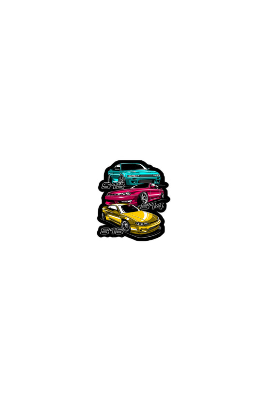 Amp'd Up Custom S13, S14, S15 sticker featuring three stylish cars in vibrant colors