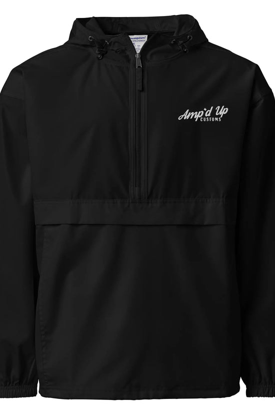 Amp'd Up Embroidered Champion Packable Jacket in black with lightweight design and adjustable hood