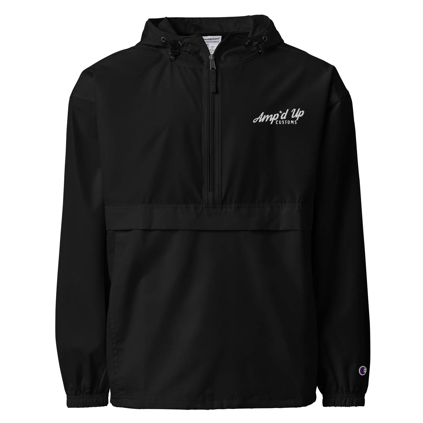 Amp'd Up Embroidered Champion Packable Jacket in black with lightweight design and adjustable hood