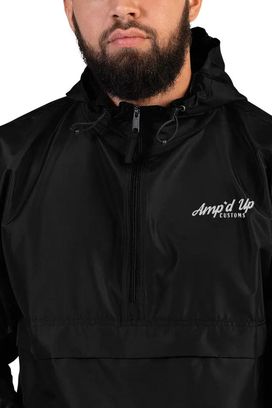 Amp'd Up Embroidered Champion Packable Jacket in Black with Adjustable Hood and Front Pocket