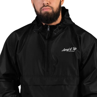 Amp'd Up Embroidered Champion Packable Jacket in Black with Adjustable Hood and Front Pocket