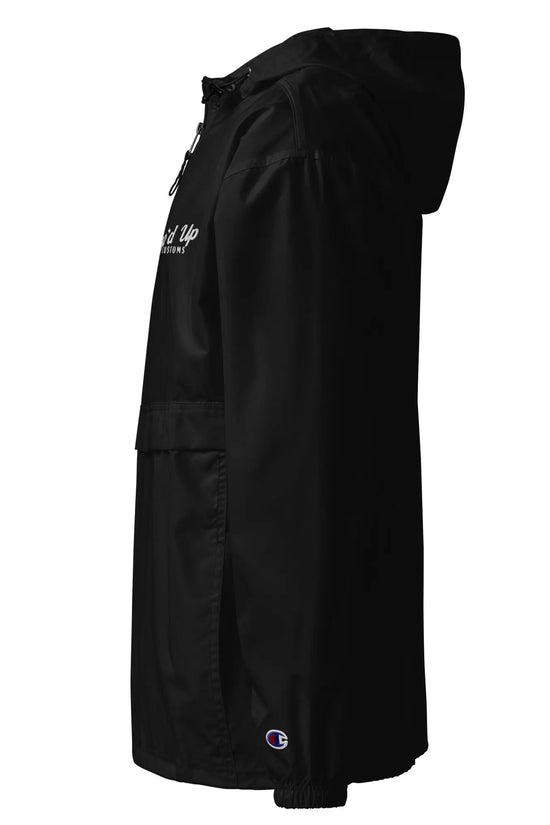 Amp'd Up Embroidered Champion Packable Jacket in Black with Hood and Adjustable Fit