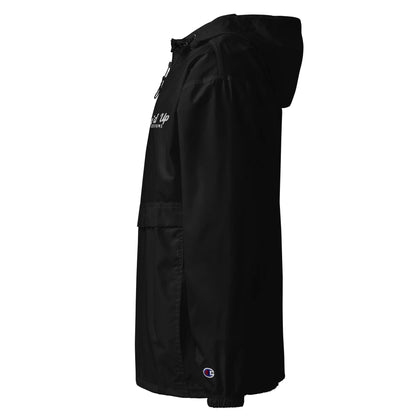 Amp'd Up Embroidered Champion Packable Jacket in Black with Hood and Adjustable Fit
