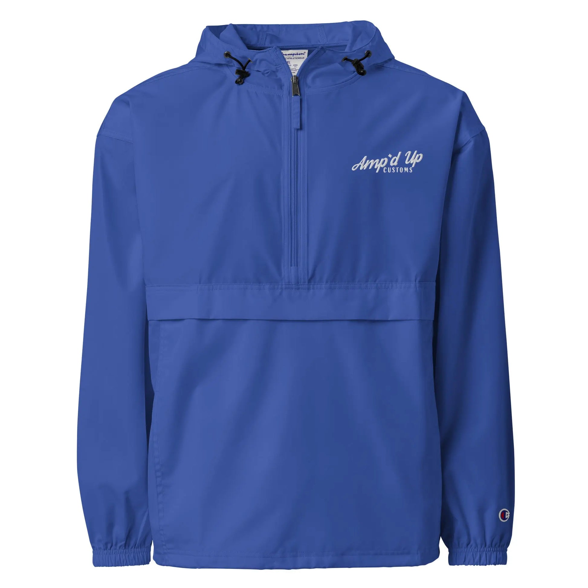 Amp'd Up Embroidered Champion Packable Jacket in blue, featuring a half-zip design and adjustable hood.