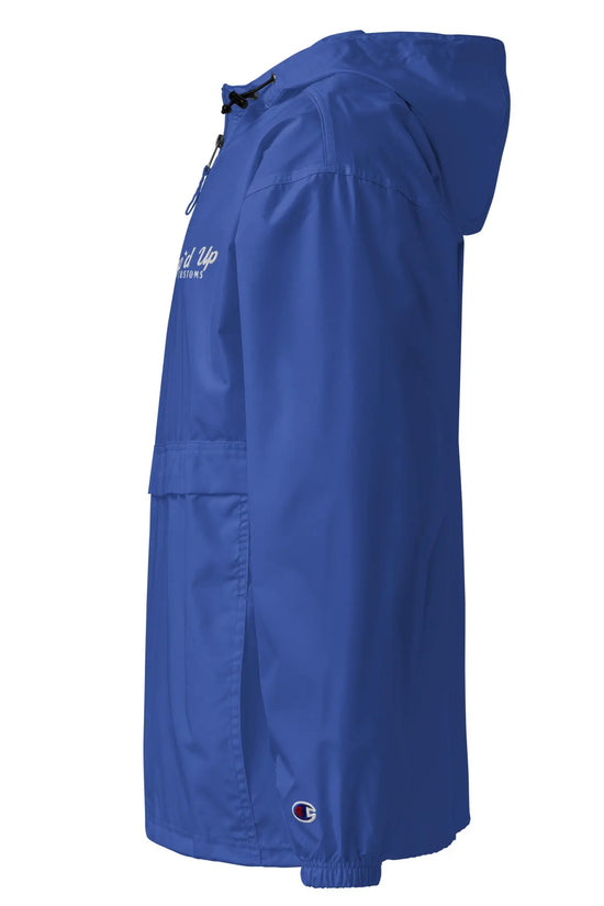 Amp'd Up Embroidered Champion Packable Jacket in vibrant blue with adjustable hood and pockets