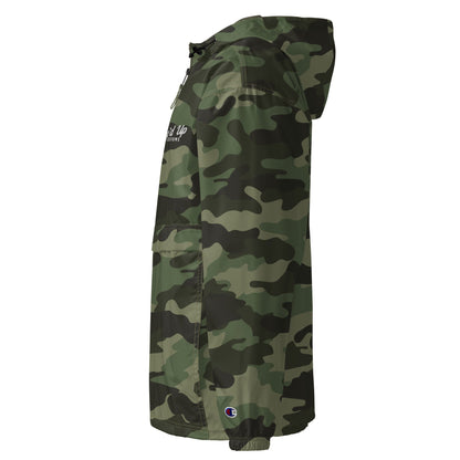Amp'd Up Embroidered Champion Packable Jacket in Camouflage with Hood and Front Pocket