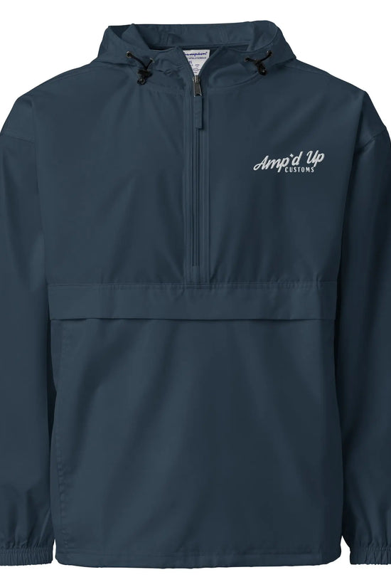 Amp'd Up Embroidered Champion Packable Jacket in Navy with Half-Zip Design and Adjustable Hood