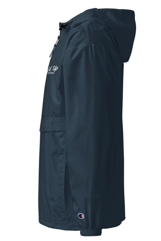 Amp'd Up Embroidered Champion Packable Jacket in navy with hood and zippered pockets for lightweight protection