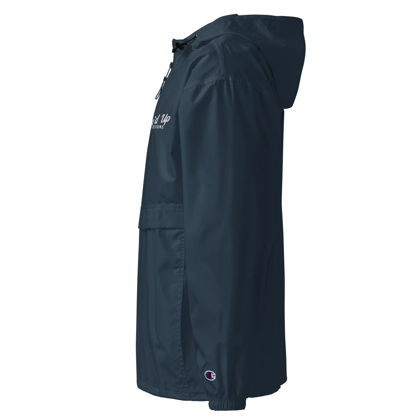 Amp'd Up Embroidered Champion Packable Jacket in navy with hood and zippered pockets for lightweight protection
