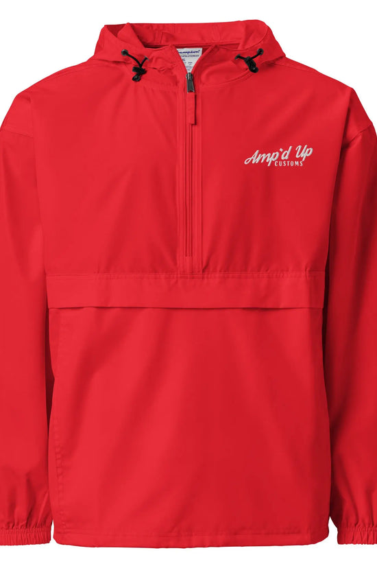 Amp'd Up Embroidered Champion Packable Jacket in bright red with adjustable hood and kangaroo pocket
