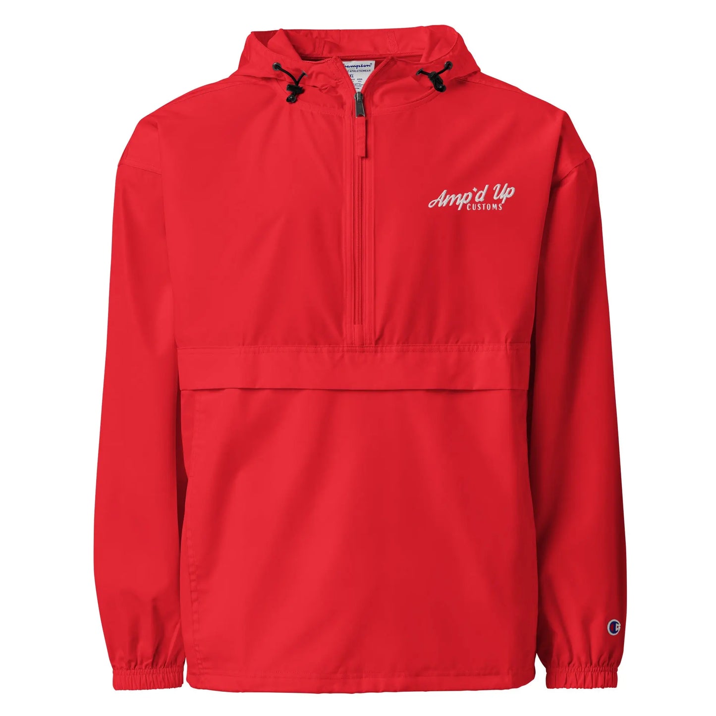 Amp'd Up Embroidered Champion Packable Jacket in bright red with adjustable hood and kangaroo pocket
