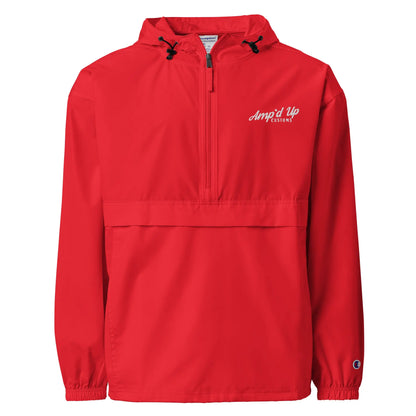 Amp'd Up Embroidered Champion Packable Jacket in bright red with adjustable hood and kangaroo pocket