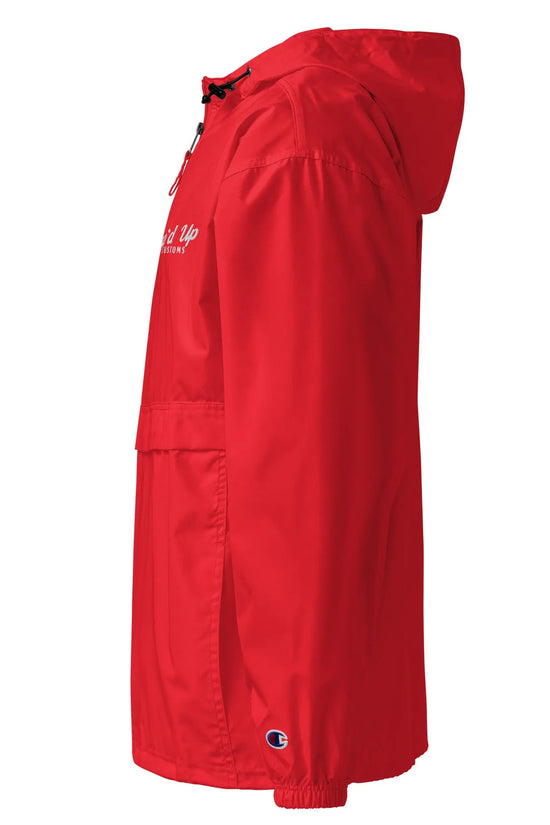 Amp'd Up Embroidered Champion Packable Jacket in vibrant red with adjustable hood