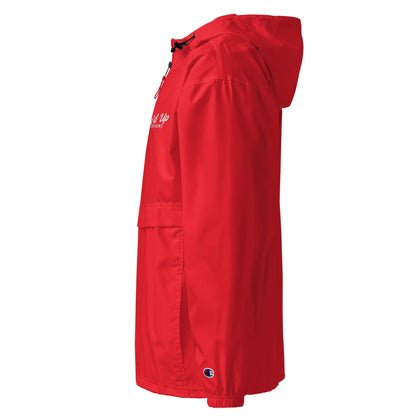 Amp'd Up Embroidered Champion Packable Jacket in vibrant red with adjustable hood