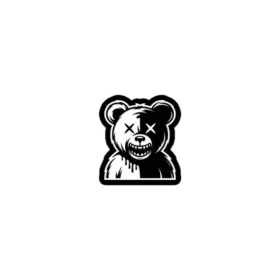 Amp'd Up Custom Chaotic Bear sticker featuring a black and white creepy bear with X eyes and sharp teeth