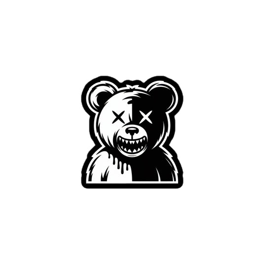 Black and white Chaotic Bear sticker with a split face and crossed-out eyes by Amp'd Up Custom