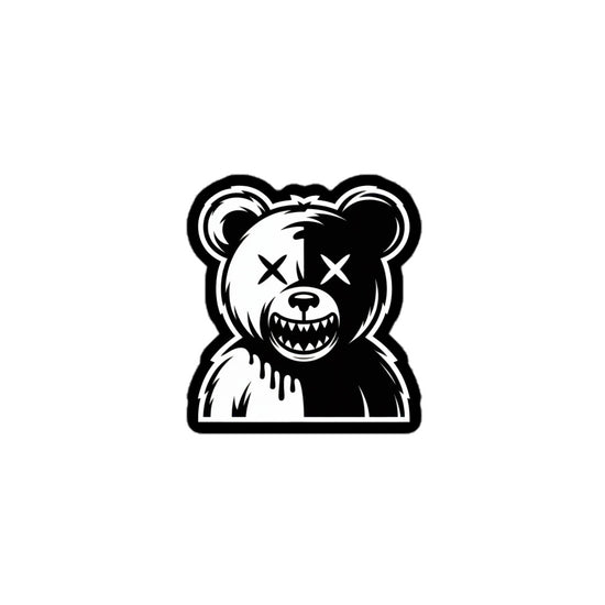 Black and white Chaotic Bear sticker with a split face and crossed-out eyes by Amp'd Up Custom