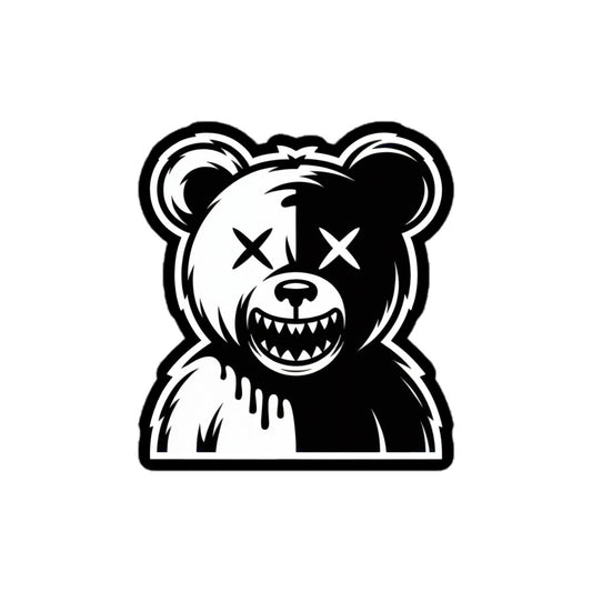 Amp'd Up Custom black and white Chaotic Bear sticker with split face and sharp teeth design