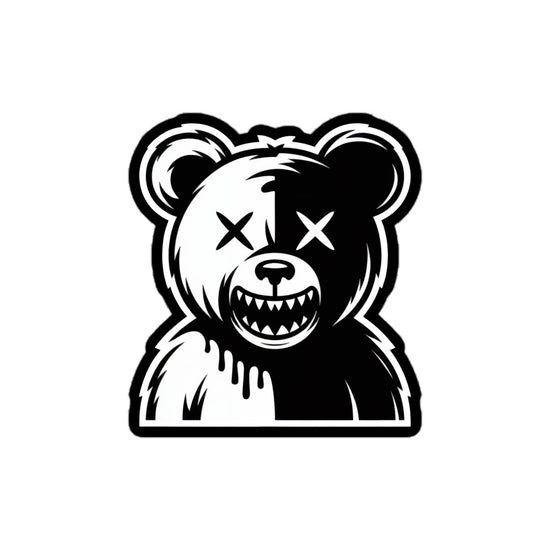 Amp'd Up Custom black and white Chaotic Bear sticker with split face and sharp teeth design