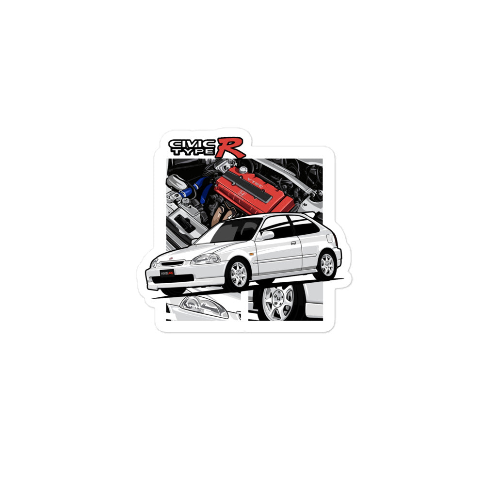 Civic Type-R sticker featuring a detailed illustration of a white Civic Type R and engine components