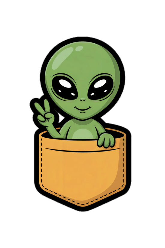 Cute Alien sticker showing a green alien giving a peace sign while sitting in a brown pocket