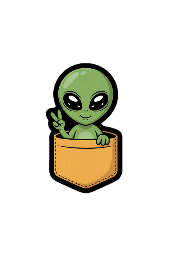 Cute Alien sticker showing a green alien giving peace sign from a brown pocket
