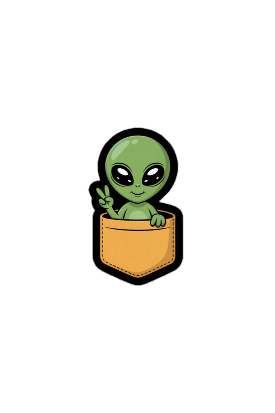 Cute Alien sticker showing a small green alien making a peace sign while sitting in a brown pocket