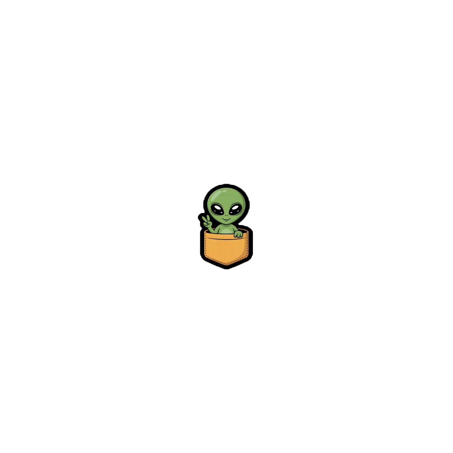 Cute Alien sticker showing a small green alien making a peace sign while sitting in a yellow pocket