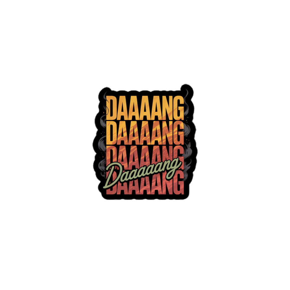 Amp'd Up Custom DANG sticker in vibrant colors featuring varying sizes of the word DANG