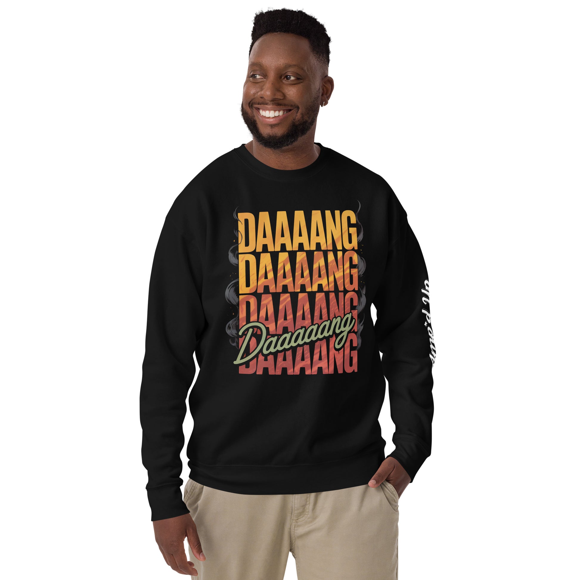 Amp'd Up Custom DANG Sweatshirt in black with colorful text design and a comfortable fit