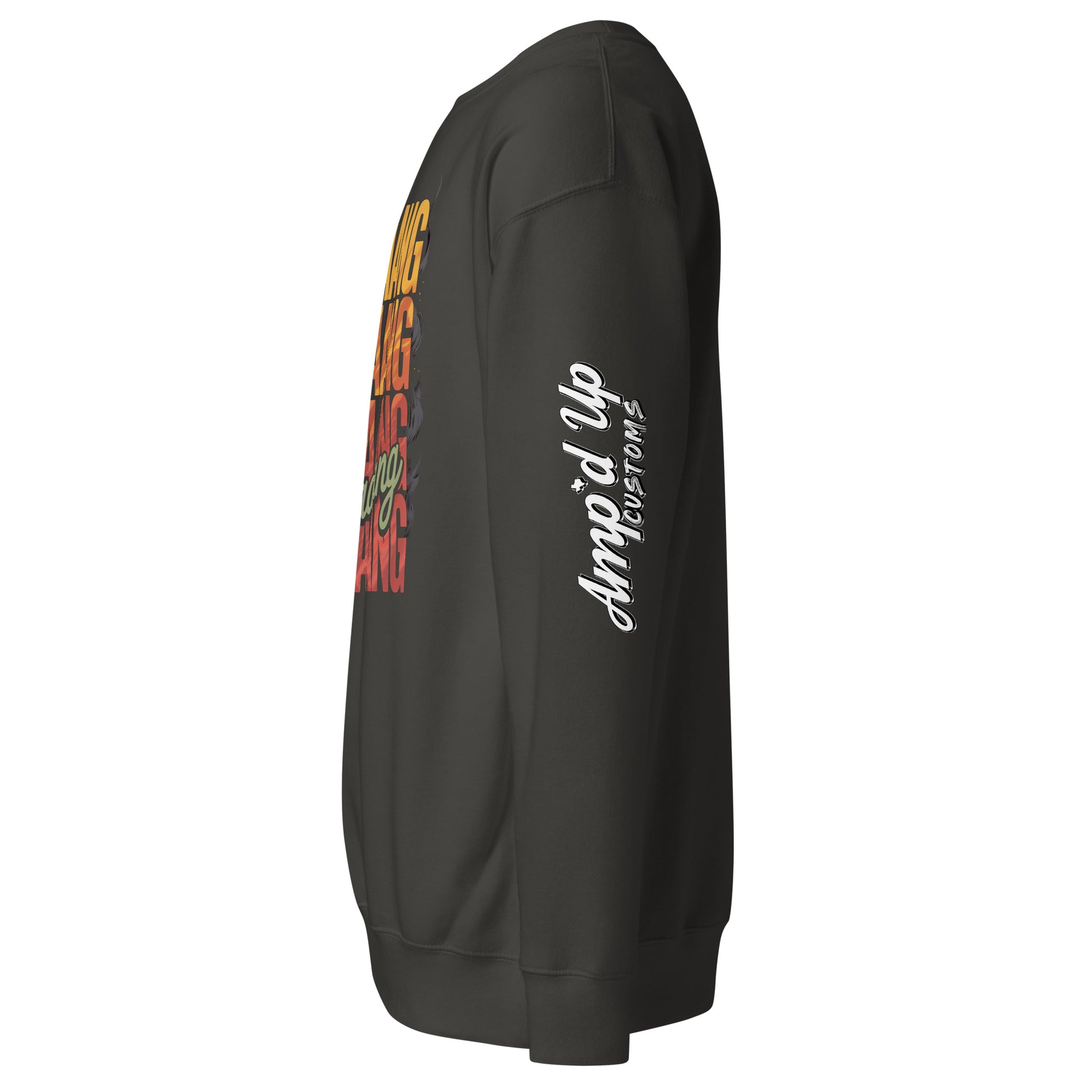 DANG Sweatshirt from Amp'd Up Custom in dark gray with colorful graphic design on the front