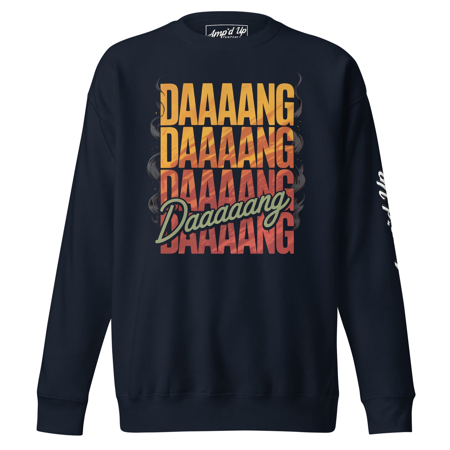 Navy DANG Sweatshirt featuring bold colorful typography for a stylish casual look