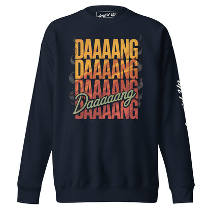 Navy DANG Sweatshirt featuring bold colorful typography for a stylish casual look