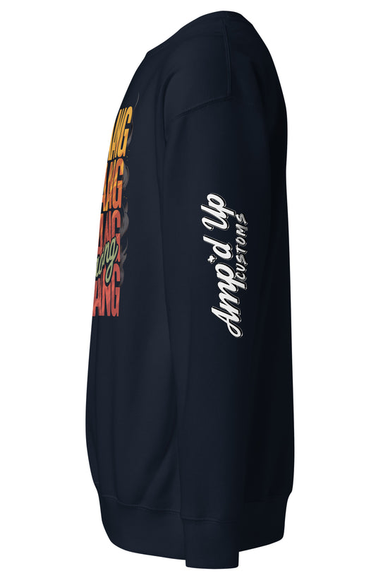 Side view of DANG Sweatshirt by Amp'd Up Custom featuring vibrant colorful text design