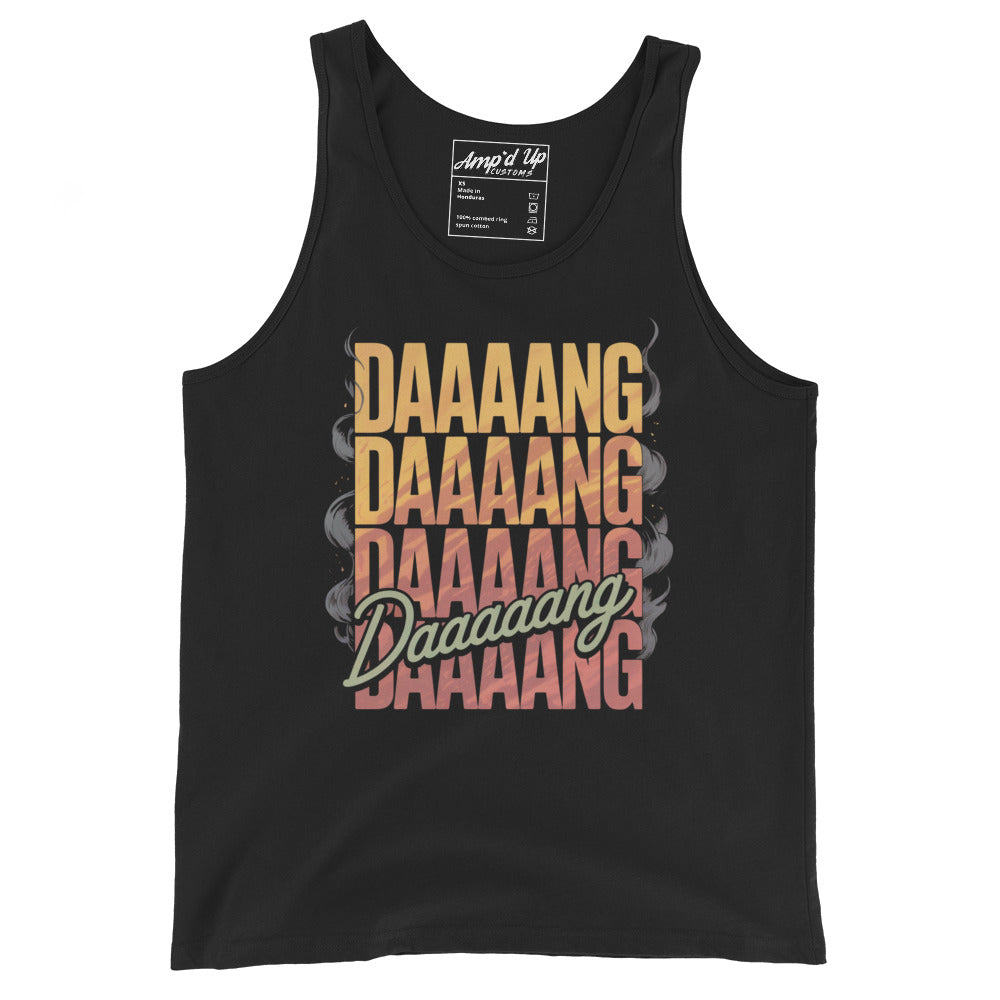 Amp'd Up Custom DANG Tank Top in black featuring a bold multi-colored graphic design