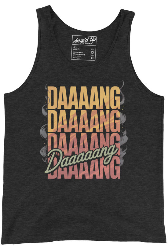 Amp'd Up Custom DANG Tank Top featuring bold 'DAAAAANG' graphic in vibrant colors