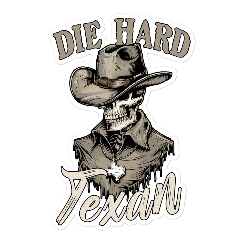 Die Hard Texan Sticker featuring a skull in a cowboy hat and western attire