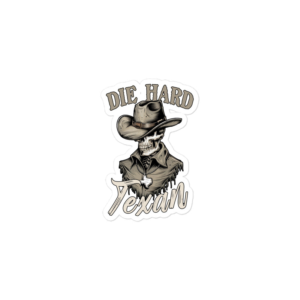 Die Hard Texan Sticker featuring a cowboy skull design with a hat and western elements