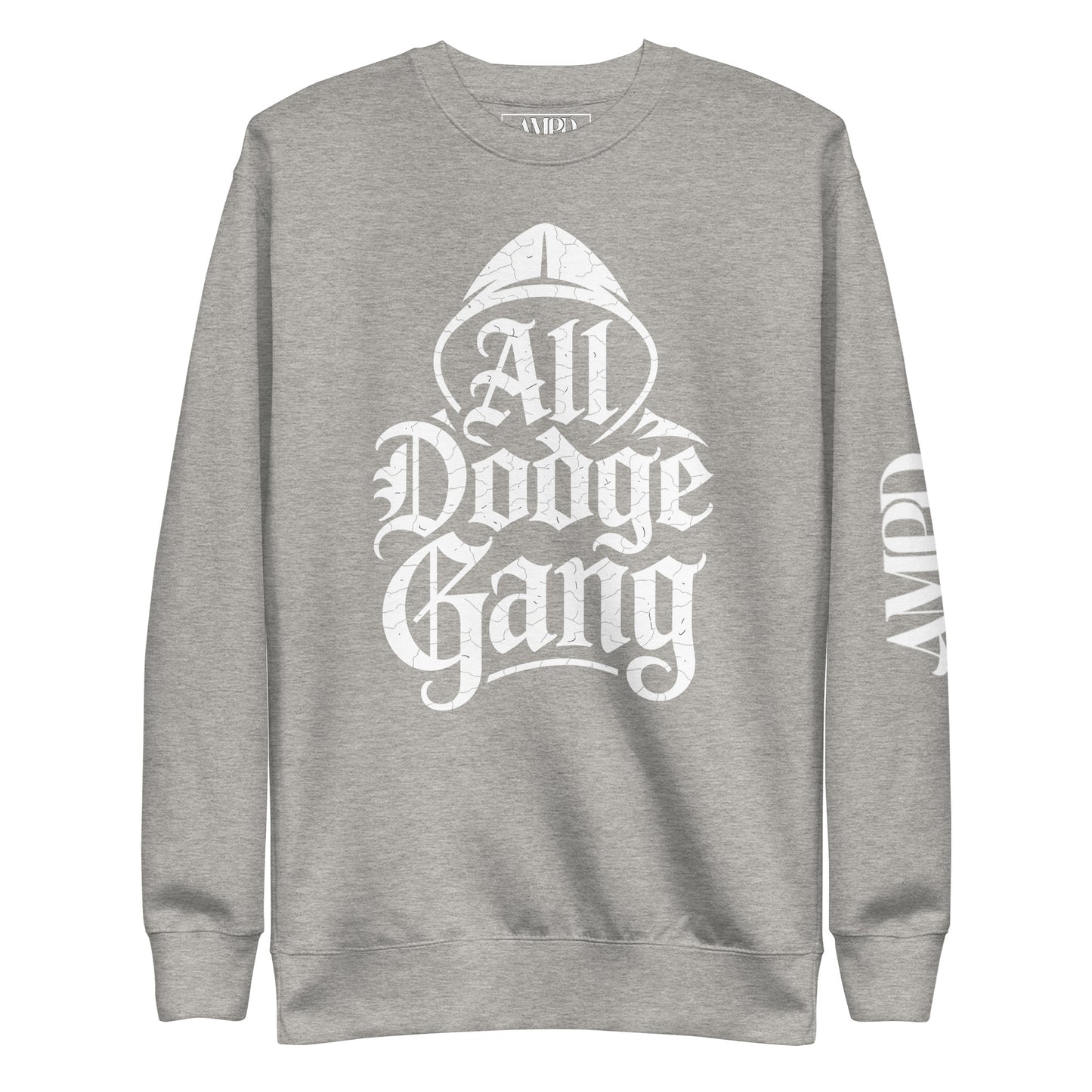 Gray Dodge Gang Sweatshirt from Amp'd Up Custom featuring bold graphics for car enthusiast premium quality pullover