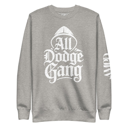 Gray Dodge Gang Sweatshirt from Amp'd Up Custom featuring bold graphics for car enthusiast premium quality pullover