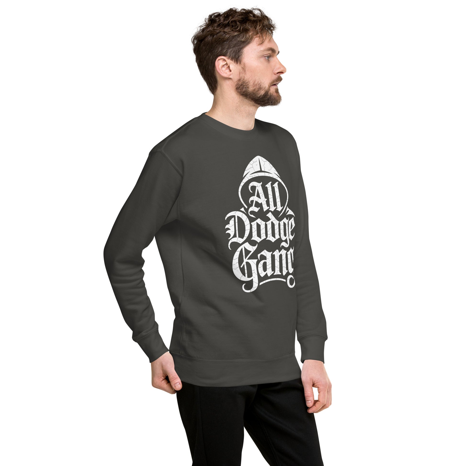 Dodge Gang Sweatshirt from Amp'd Up Custom in dark color, perfect for car enthusiasts and casual wear.
