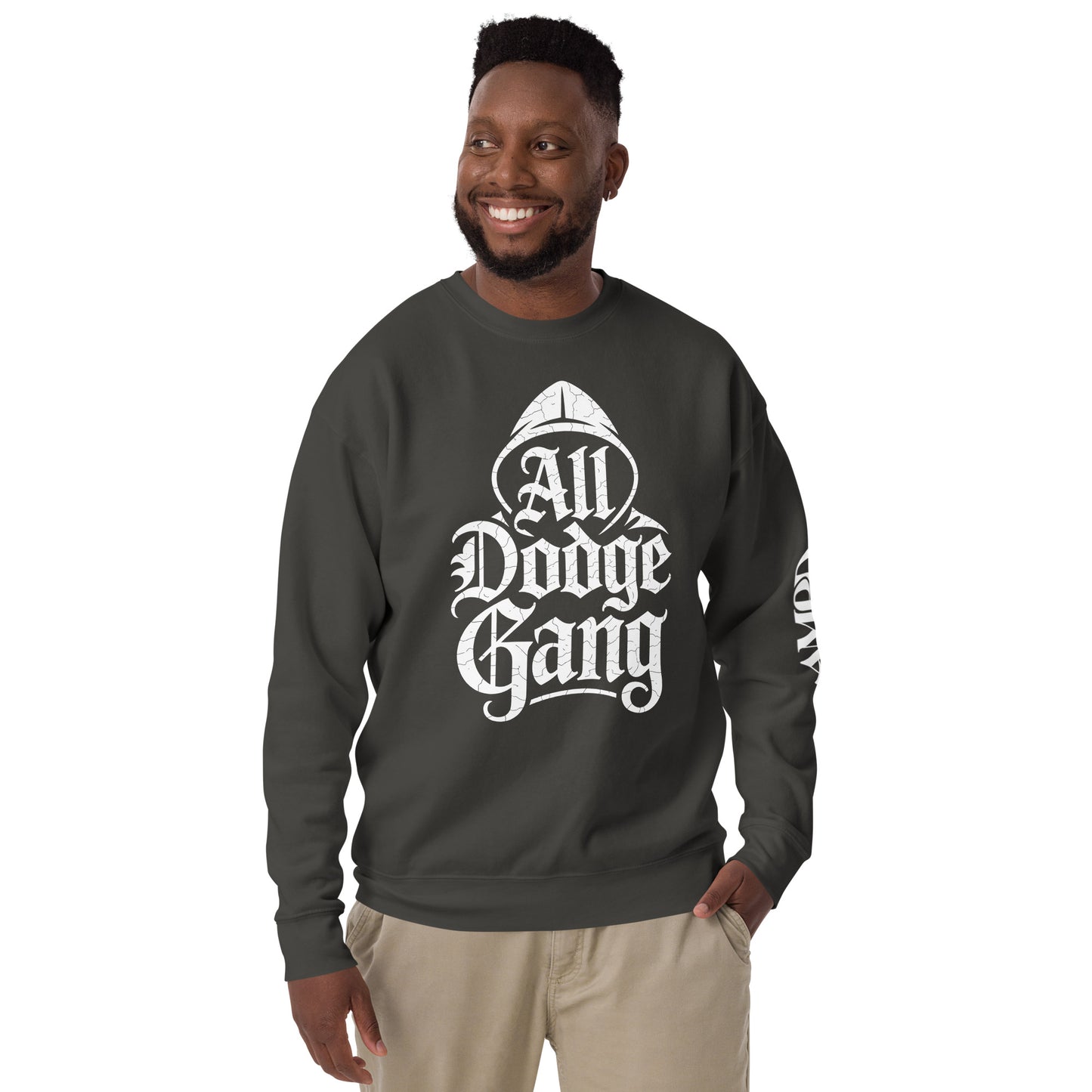 Amp'd Up Custom Dodge Gang Sweatshirt in dark gray for car enthusiasts, featuring bold graphic design