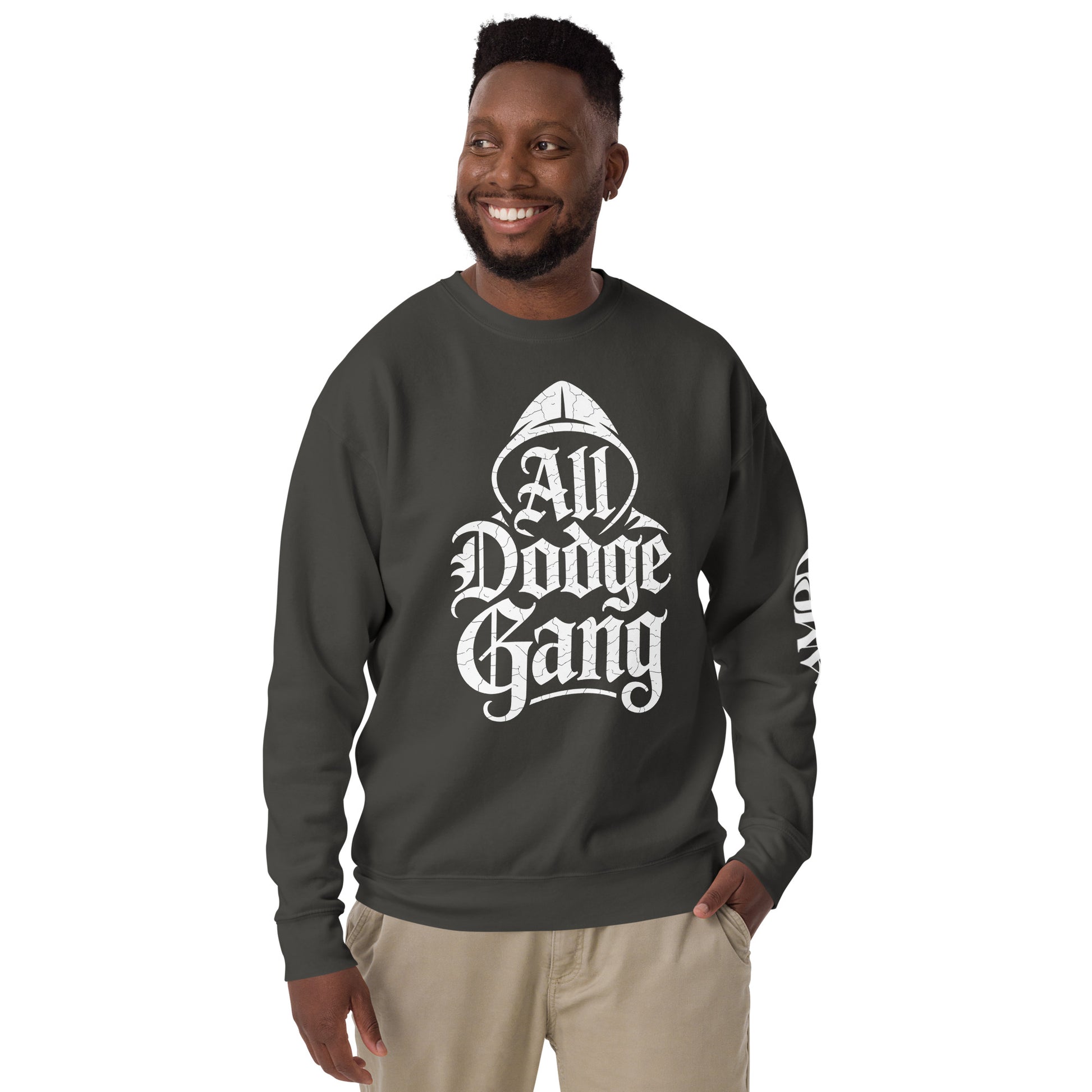 Amp'd Up Custom Dodge Gang Sweatshirt in dark gray for car enthusiasts, featuring bold graphic design