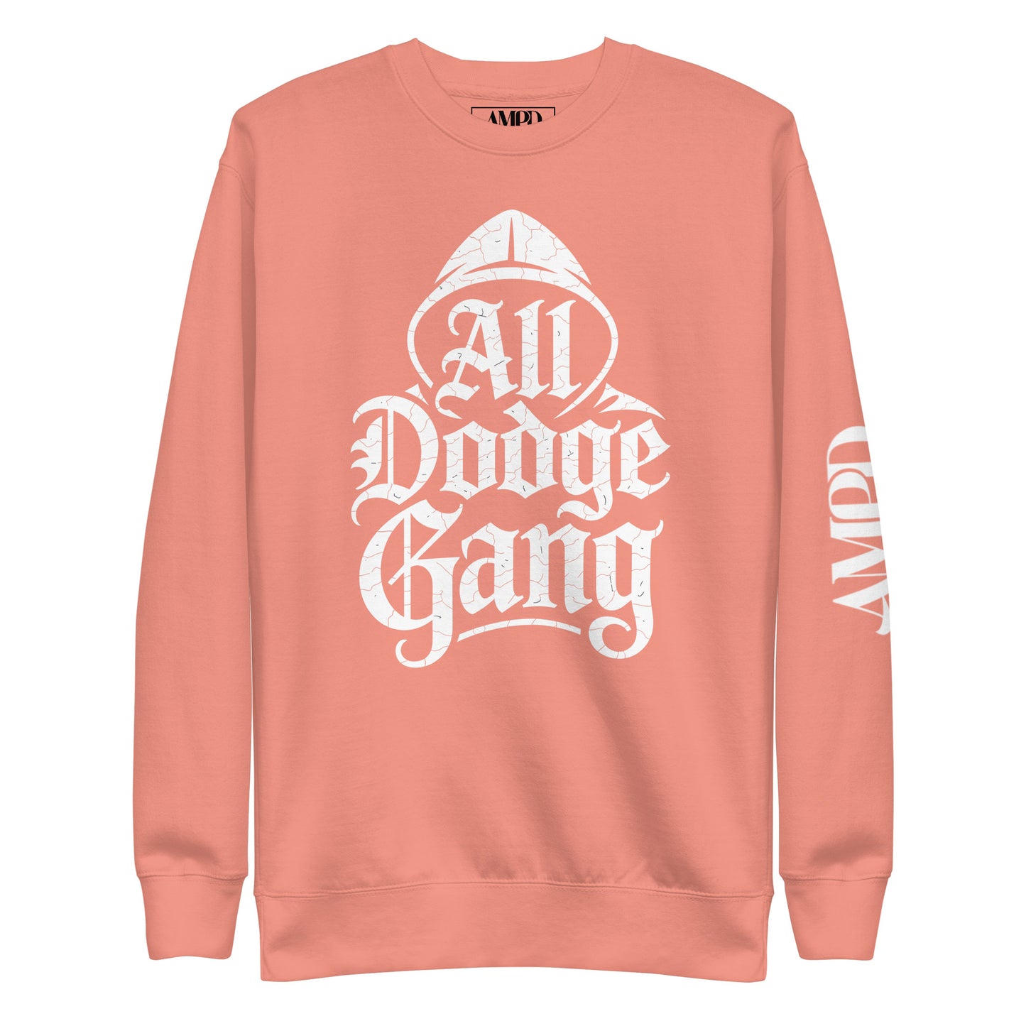Dodge Gang Sweatshirt in coral with bold graphic for car enthusiasts, premium quality pullover by Amp'd Up Custom